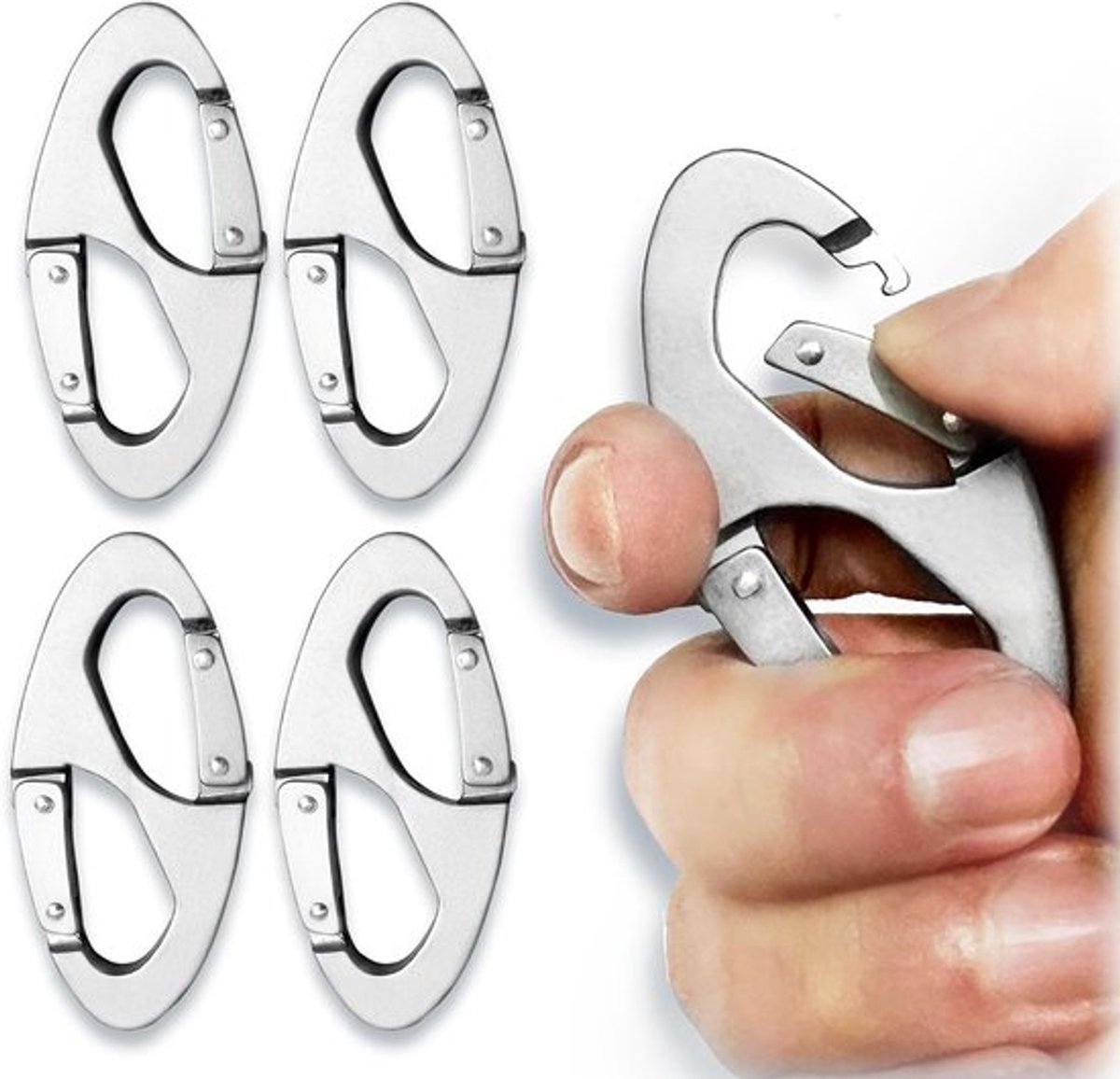 Set van 4 Multifunctionele S-vormige Carabiners, Sleutelhangers van Metaal voor Kamperen, Wandelen en Buitenactiviteiten
