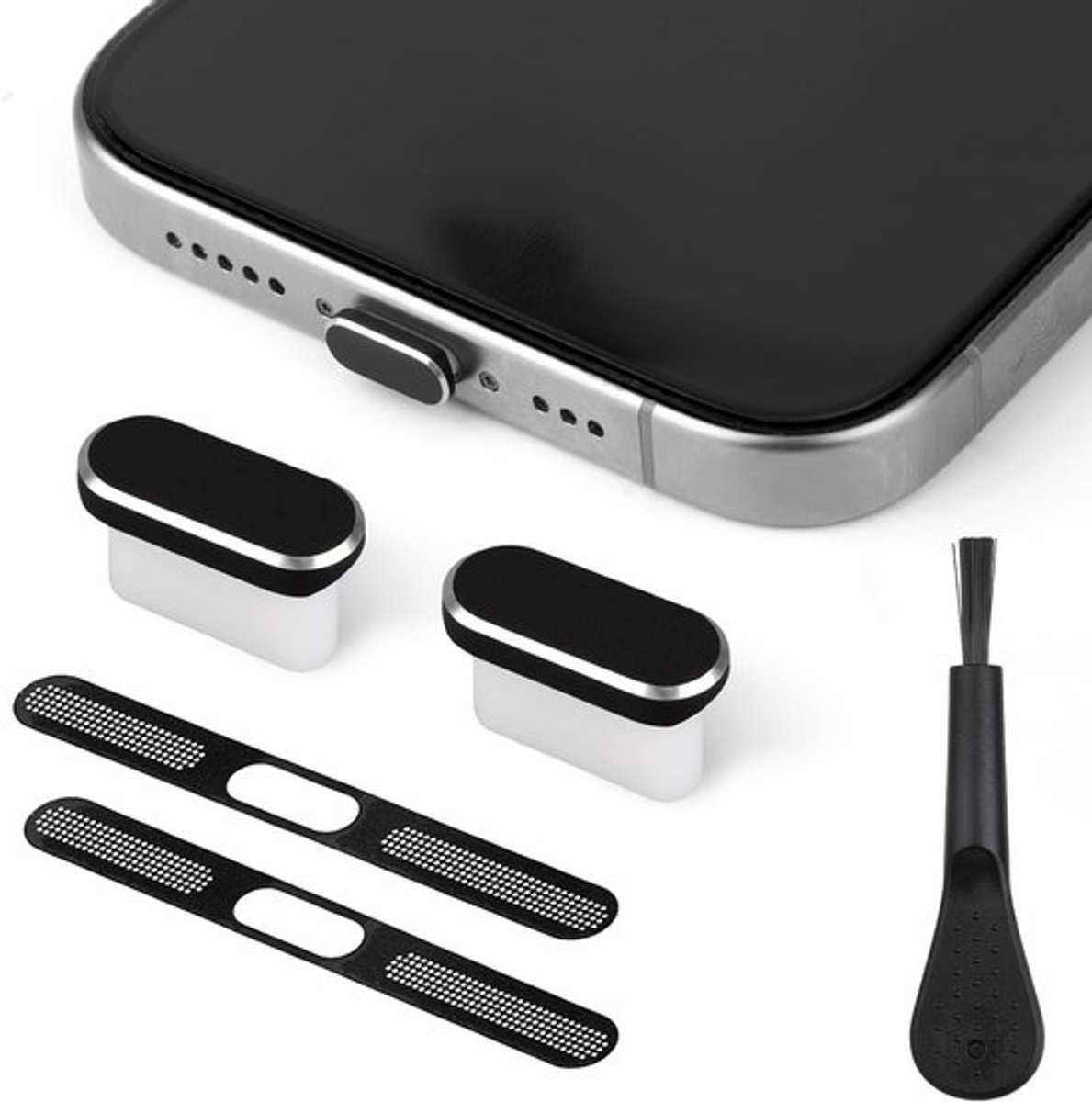 USB C Stofpluggen Set van 5 voor iPhone 15/16 - Type-C Poortplug, Speaker Stofdeksel en Reinigingsborstel voor Bescherming en Onderhoud van Alle USB C Apparaten