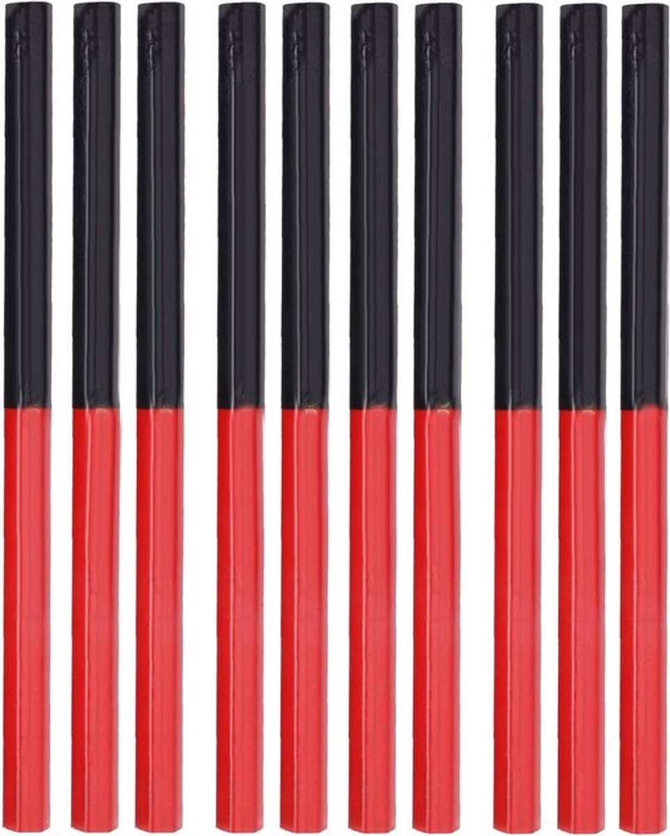 Set van 10 Houten Timmermanspotloden in Rood en Blauw - 2 mm Hex en Dubbele Punt voor Houtbewerking en Diverse Materialen zoals Houten Tegels