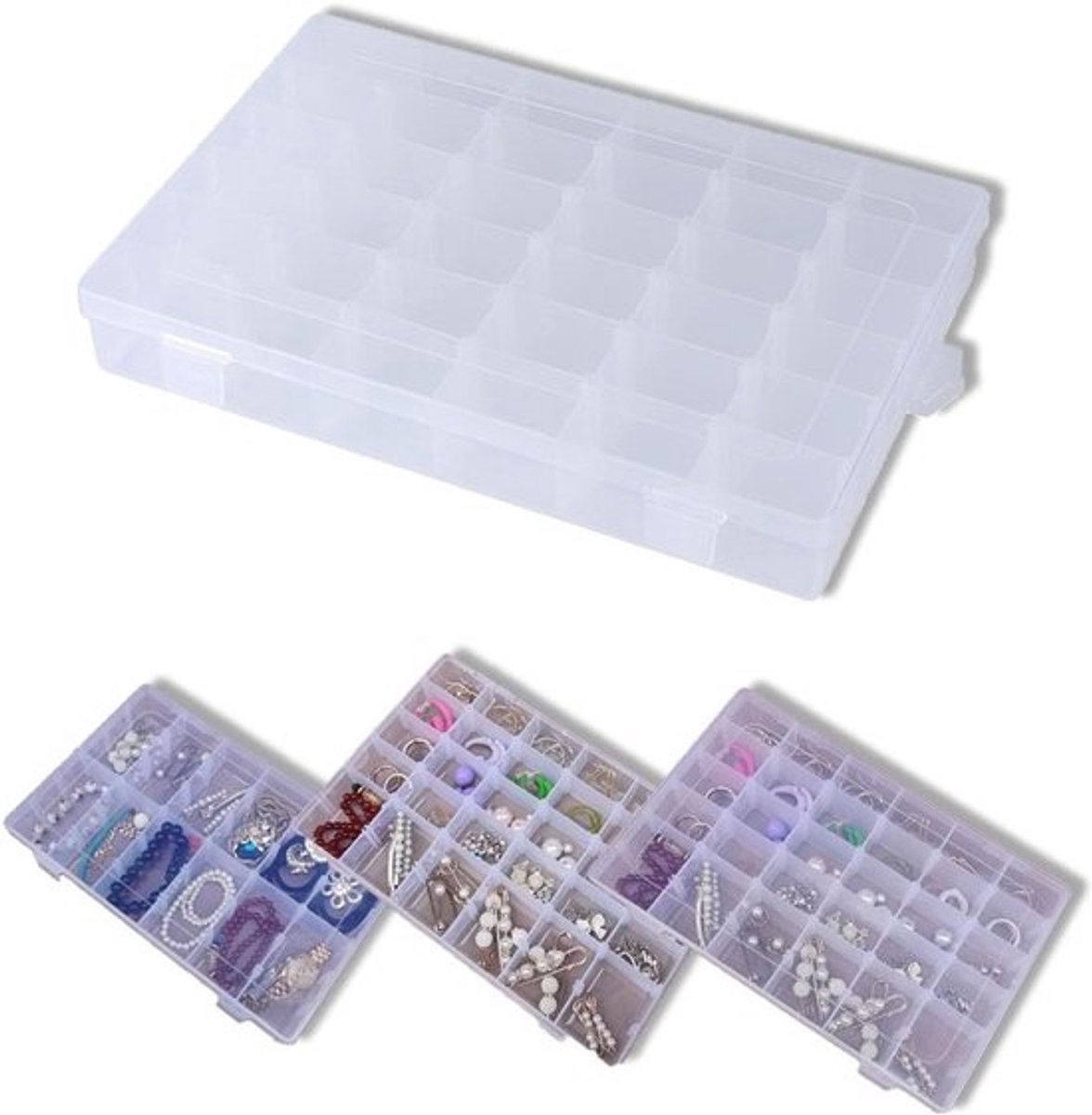 36-grid opbergdozen voor kralen - Transparante plastic doos voor sieraden, eenvoudig organiseren en opslaan van oorbellen, 27,4 x 17,3 x 4,1 cm