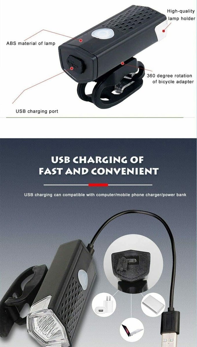 SnelShoppen - USB Oplaadbare Fietsverlichting Set, 360 Graden Rotatie Super Heldere LED Fiets Voor- en Achterlicht, IPX5 Waterdicht, 3 Verlichtingsmod