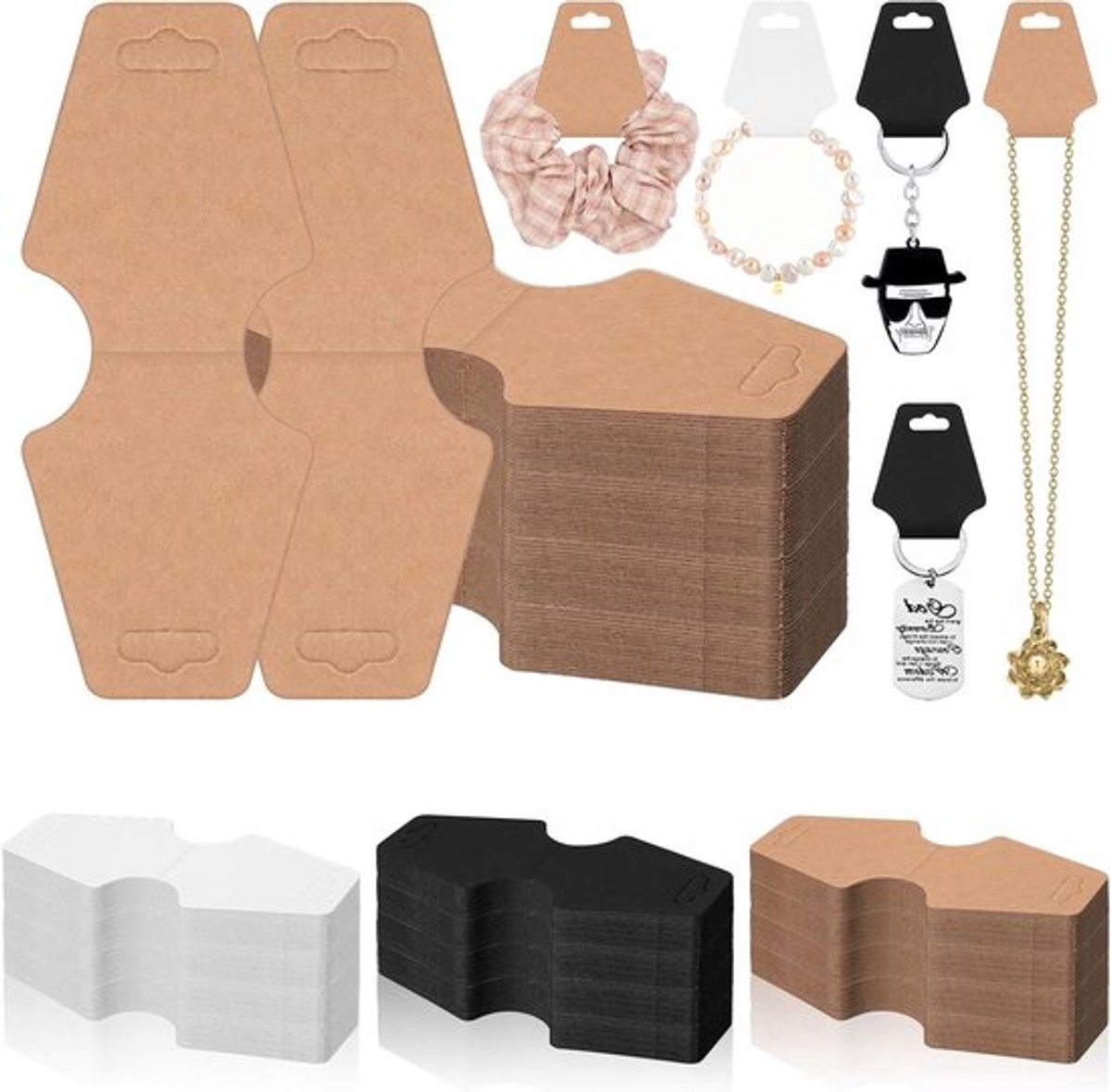 200 Stuks 5x12CM Sieraden Display Kaarten - Bruin Kraft Papier Zelfklevende Armband Displays, Hangtags, Sleutelhangers en Oorbellen Verpakking voor Kettingen