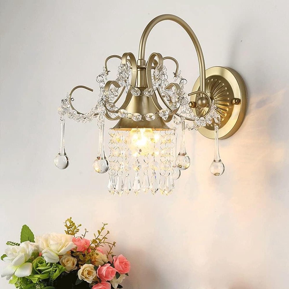 Kristallen Wandlamp - Bedlamp Slaapkamer - Sfeervolle Verlichting - Modern Design - 30 x 23 cm - Goud