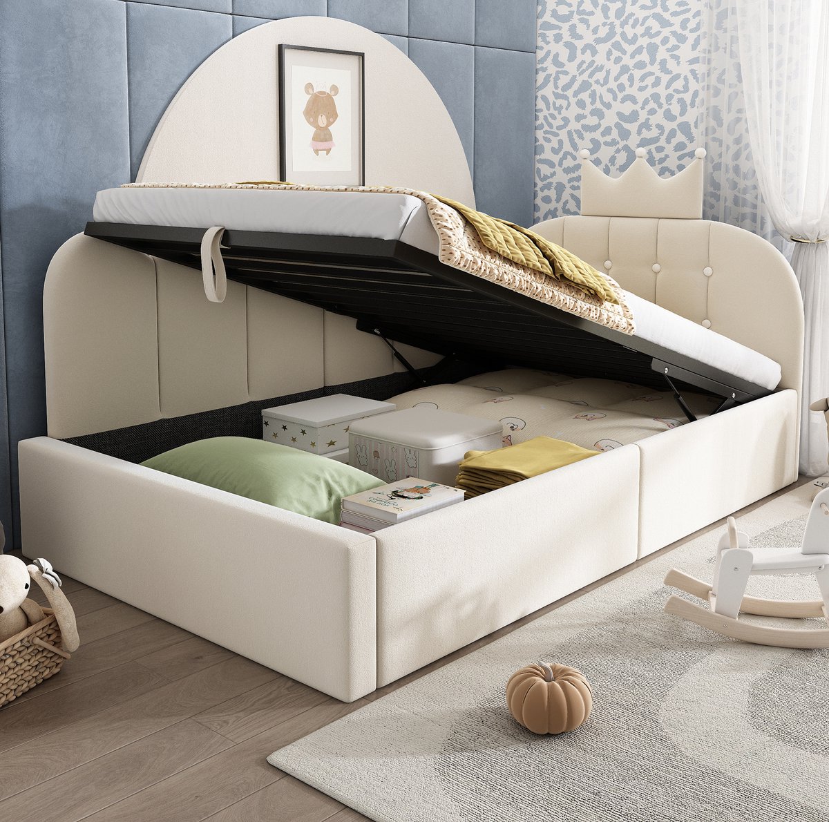 REDOM - Slaapbank - Hydraulische opbergruimte - L-vormig verwisselbaar frame - Lattenbodem - Kinderkamer en logeerkamer - Stof en metaal - Beige - 209 x 96 x 96 cm