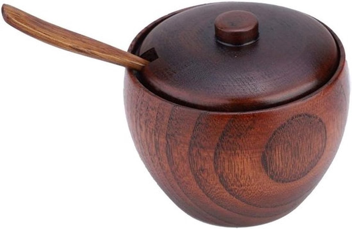 Retro Houten Specerijenpot met Deksel, Suiker- en Zoutpot met Lepel voor Keukenaccessoires en Organisatie