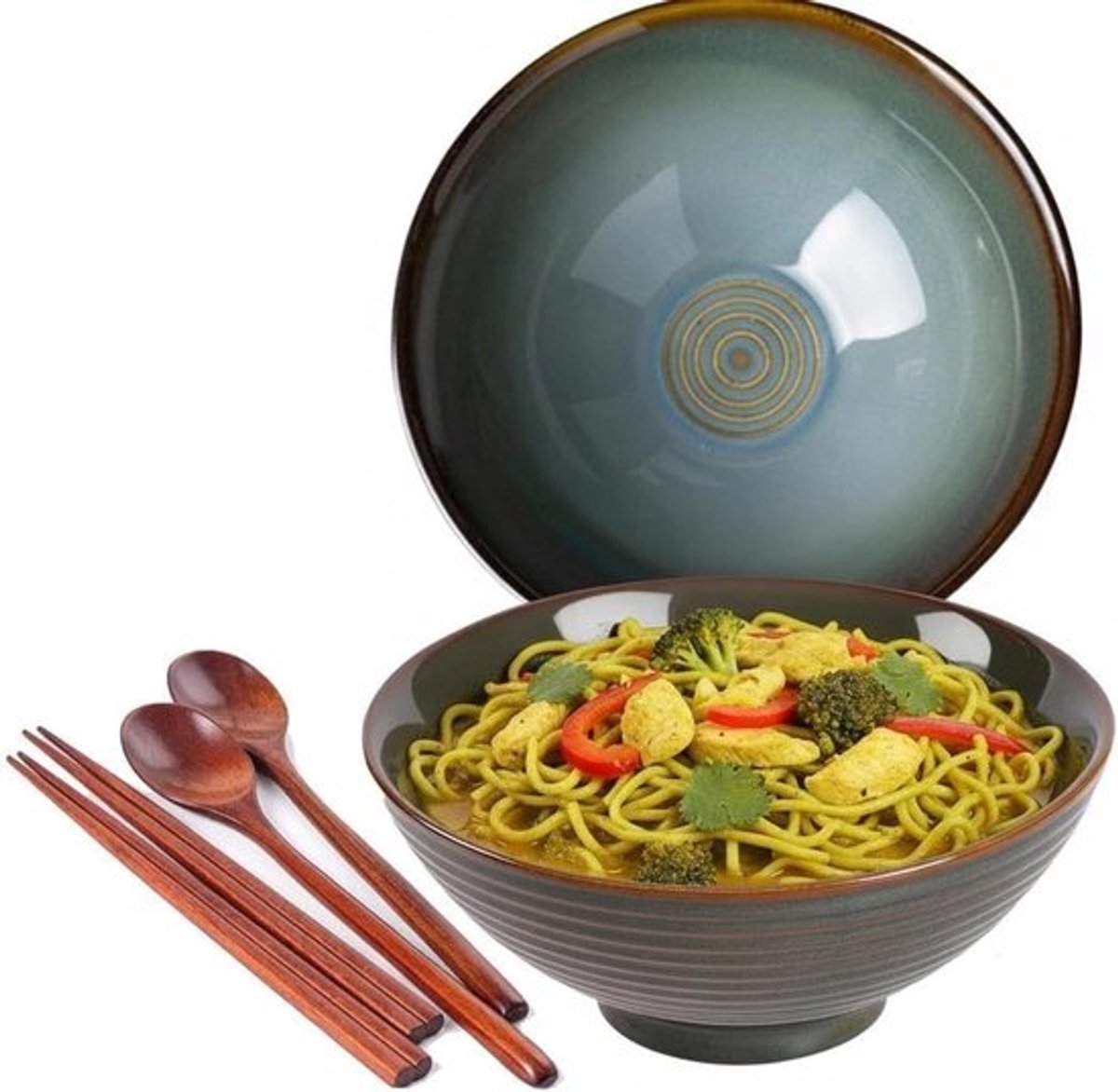 Stijlvolle Ramen Bowl Set van 1200 ml met eetstokjes en lepel voor soep, pasta en fruitsalade - 2-delig (Retro Groen)