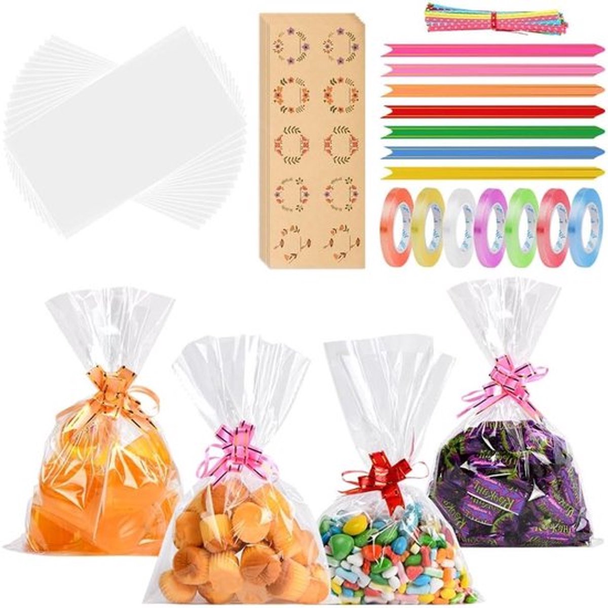 70 Stuks Cellofaan Zakjes 12 x 17 cm, Transparante Zakjes voor Snoep, Koekjes en Cadeaus met 100 Draaiknoopjes voor Trouwen en Feestjes