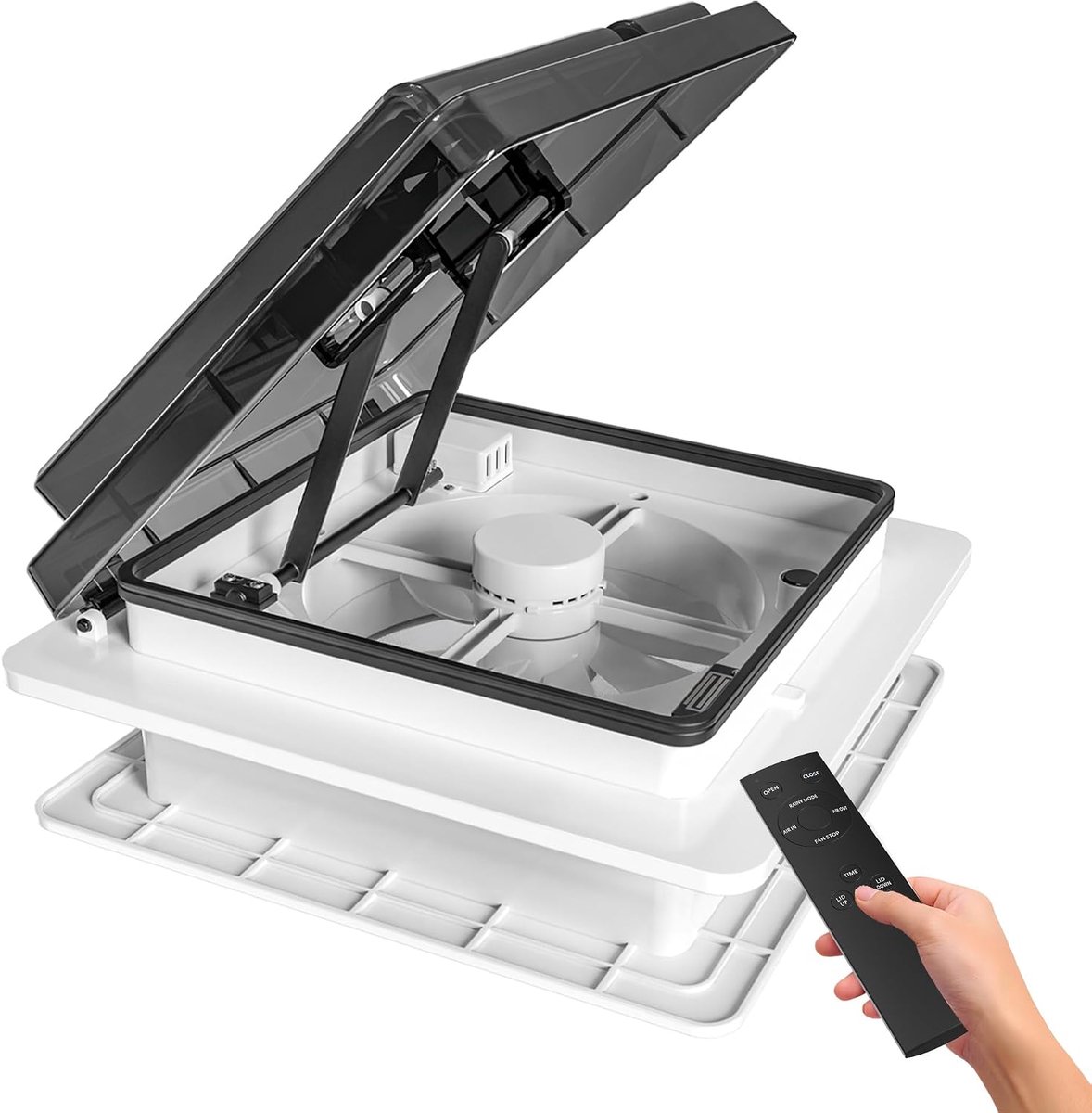 SnelShoppen - 12 V Dakkapelventilator 360 x 360 mm voor Camper met Afstandsbediening, Stil, Ingebouwd Regen Sensor, 4 Snelheden, Omkeerbare Ventilatie