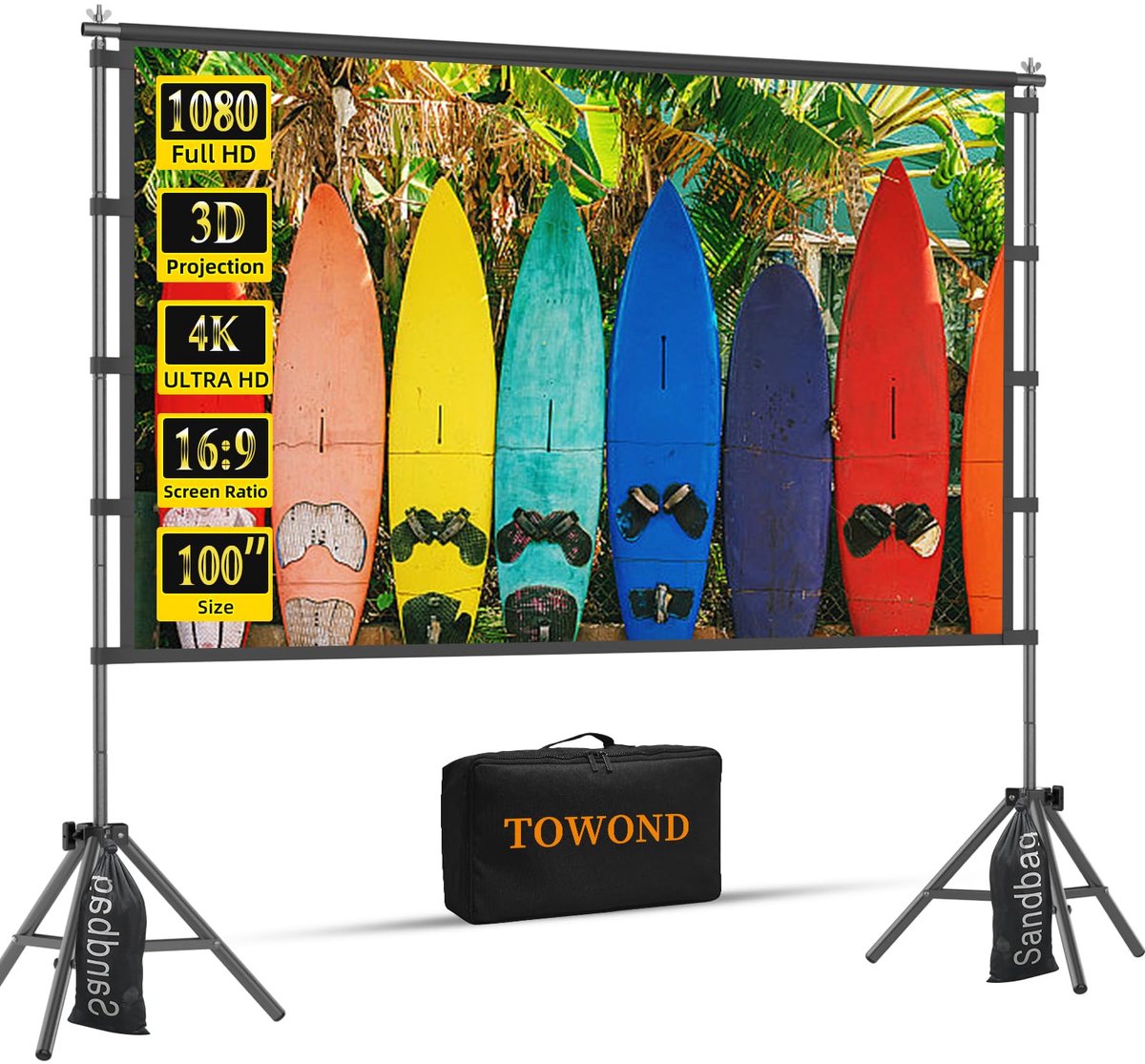 SnelShoppen - TOWOND Projector Scherm 100 inch Draagbaar 16:9 4K HD Filmscherm met Draagtas voor Buiten en Binnen, Ideaal voor Thuisbioscoop, Feest, C