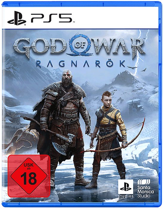 God of War: Ragnarök PS5-hoes met Kratos en Atreus in een besneeuwd landschap. USK ab 18-zegel.
