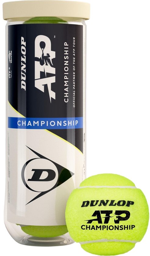 Dunlop ATP Championship tennisballen in geel, in een doorzichtige verpakking met het Dunlop logo en ATP Championship tekst.