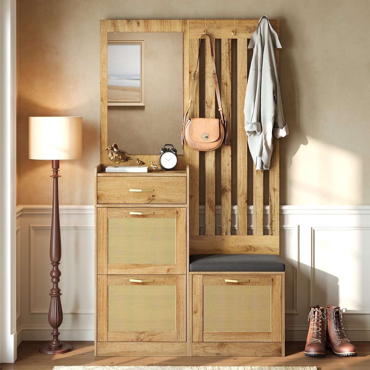 VVBV Halmeubel - 99,5 x 26 x 180 cm, Naturel, Spiegel, Zitbank, Schoenenopberging, voor Hal en Entree
