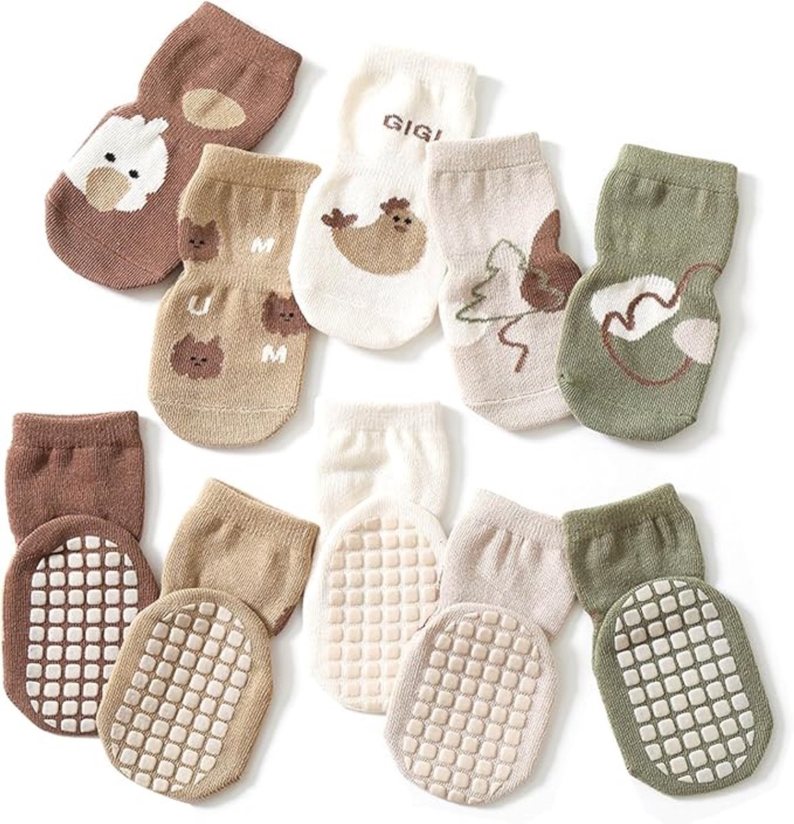 Set van 5 paren neutrale retro dierenprint antislip babysokjes maat S voor baby’s 0 tot 1 jaar, zacht katoen vloersokjes met vierkant siliconen gripzool voor veilig kruipen en lopen binnenshuis