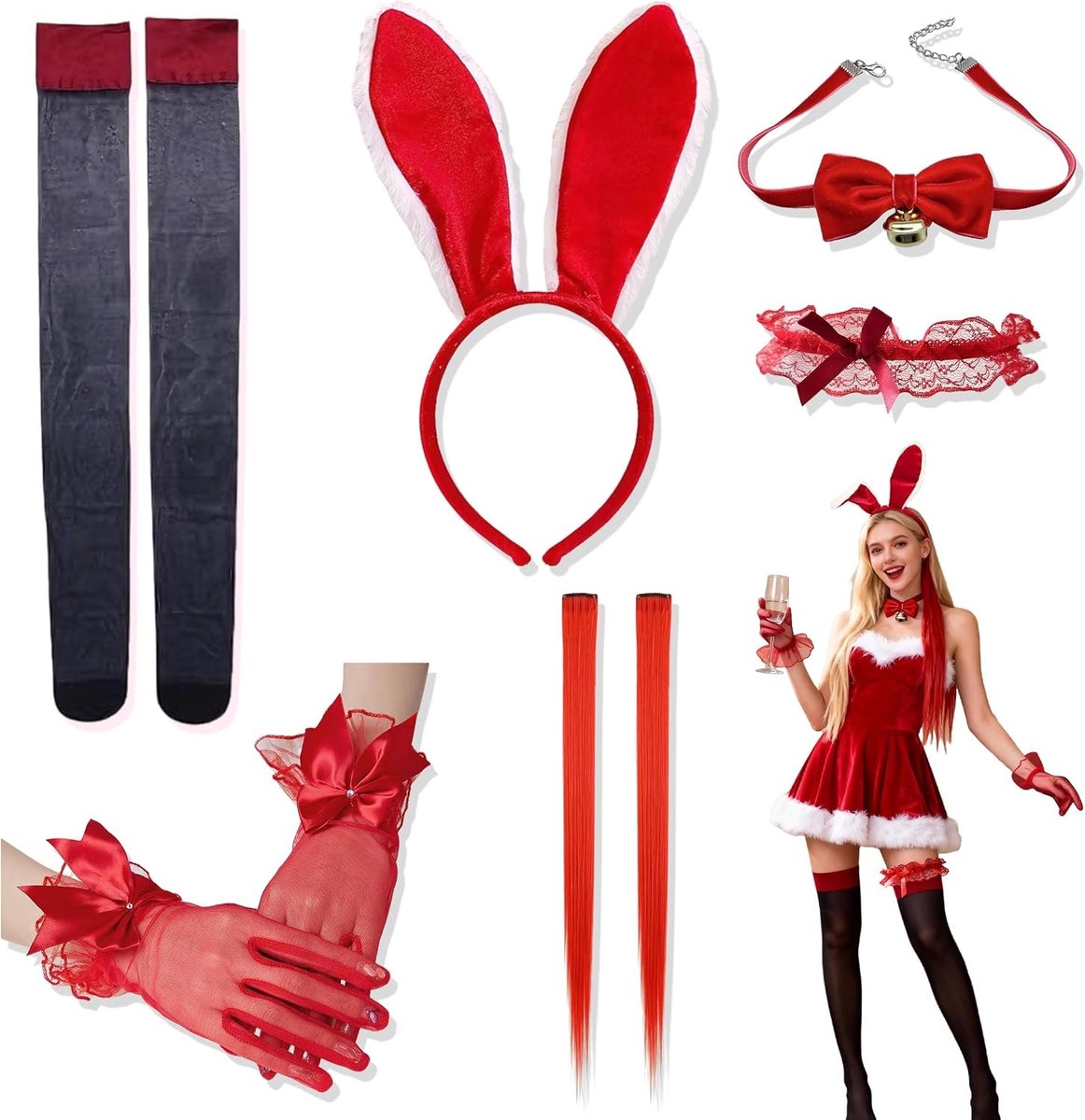 Dames Kostuum met 7 Onderdelen voor Halloween en Pasen, Inclusief Konijnenoren, Handschoenen, Kousen en Haaraccessoires voor Cosplay