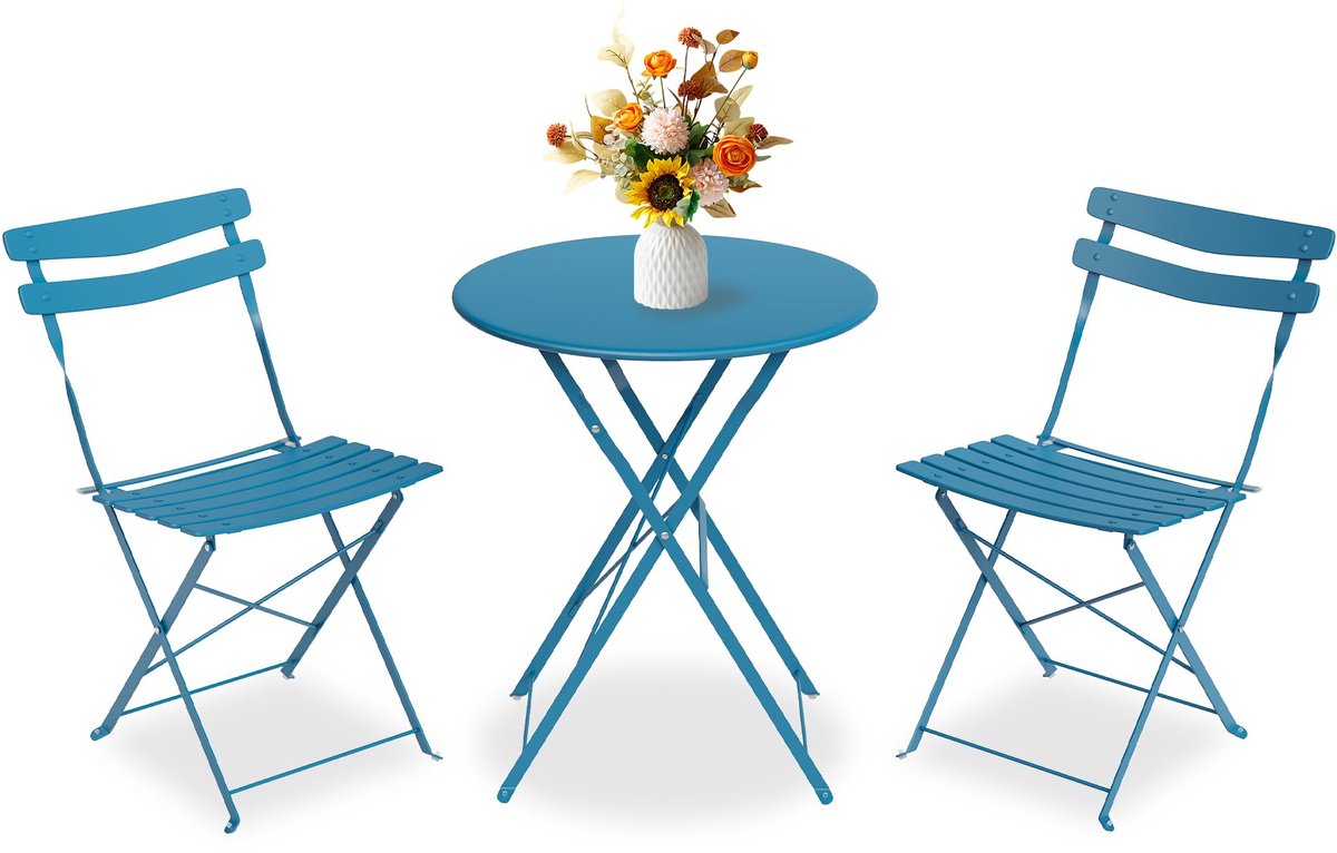 Triumpunpre 3-Delige Bistroset van Staal - Opvouwbaar Tafel en 2 Stoelen voor Tuin, Balkon en Terras - Saffierblauw