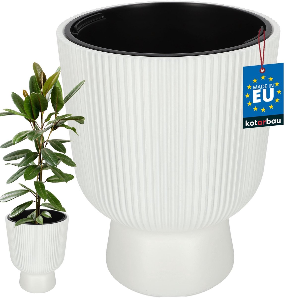 KOTARBAU® Bloempot - Plantenpot Ø 39 cm - met Binnenpot - Geribbelde Plantenbak - Plantenpot met Voet - Plantenbak - Kunststof - H: 49 cm - Wit