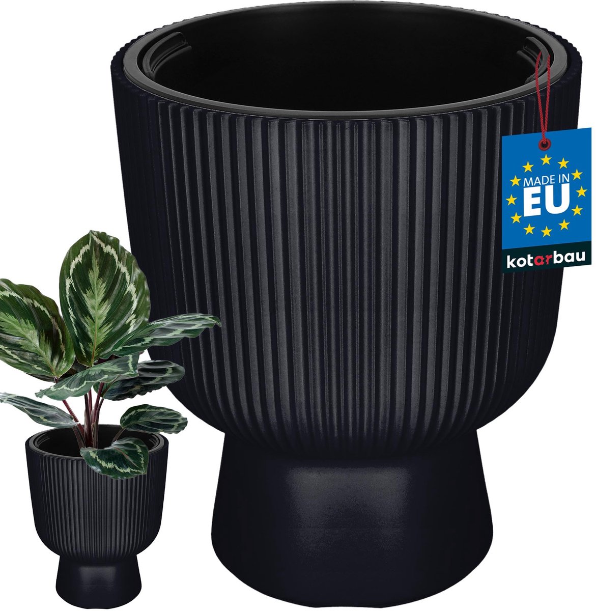 KOTARBAU® Bloempot - Plantenpot Ø 29 cm - met Binnenpot - Geribbelde Plantenbak - Plantenpot met Voet - Plantenbak - Kunststof - H: 36 cm - Anthrazit