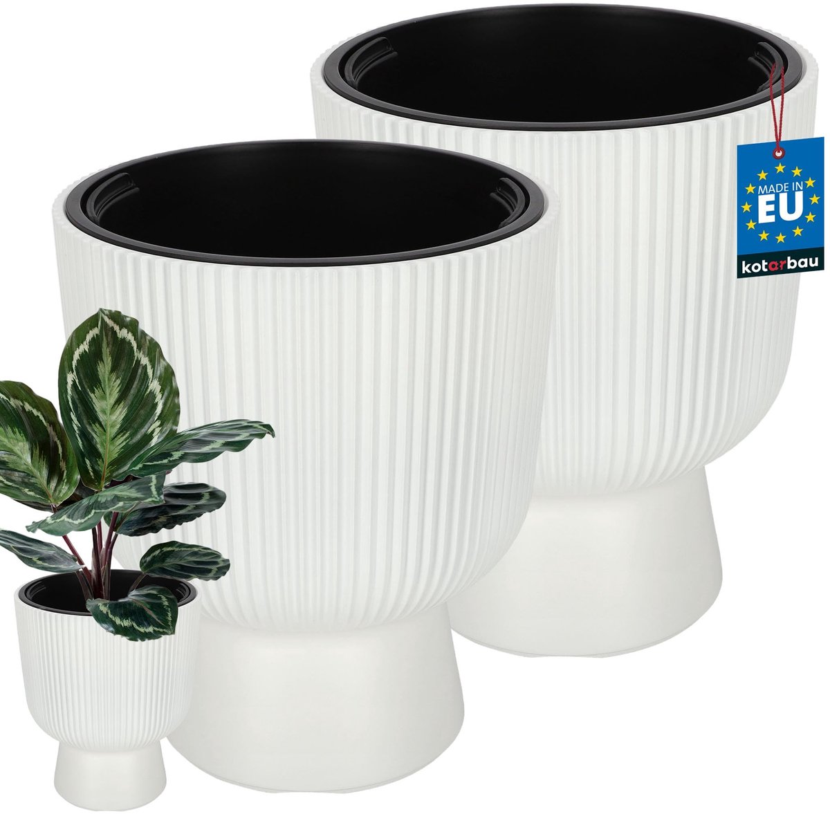 KOTARBAU® 2 Stuks - Bloempot - Plantenpot Ø 29 cm - met Binnenpot - Geribbelde Plantenbak - Plantenpot met Voet - Plantenbak - Kunststof - H: 36 cm - Wit