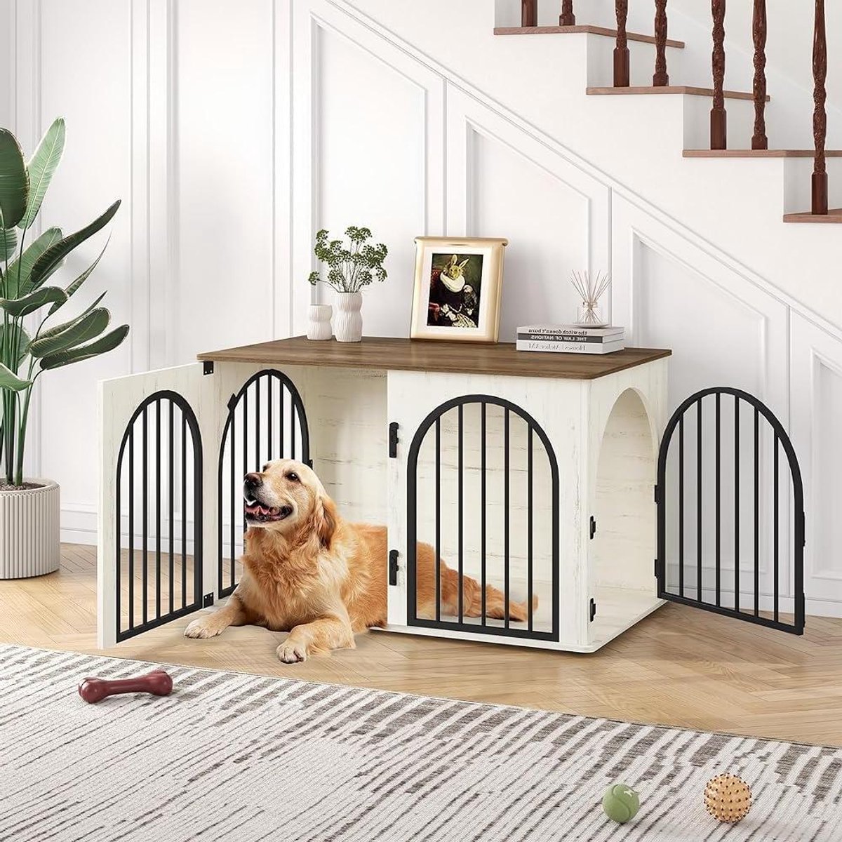 Hondenmeubel Bench - Honden Huis - Veilig Verblijf - Gebogen Deur Design - 100 cm Breed - Wit Bruin