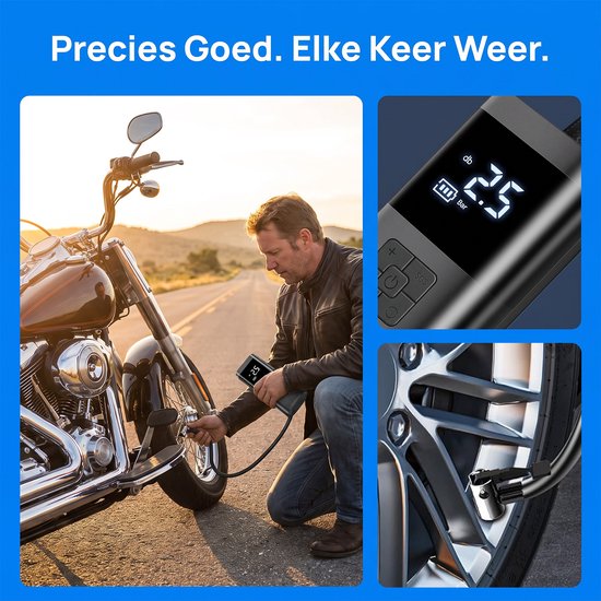 longziming -Draagbare Elektrische Luchtpomp - Mini Bandenpomp met Digitaal Display, LED Verlichting & Powerbank - Automatische Stopfunctie voor Auto, Fiets, Motor en Ballen — afbeelding 2