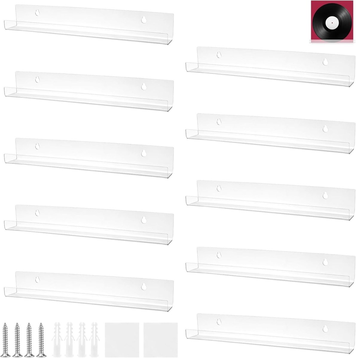 Set van 10 Wandmontages voor Vinylplaten - Transparante Acryl Plank voor 12 Inch Platen, Muurrek voor Foto's en Albums, Vinylopslag en Decoratie