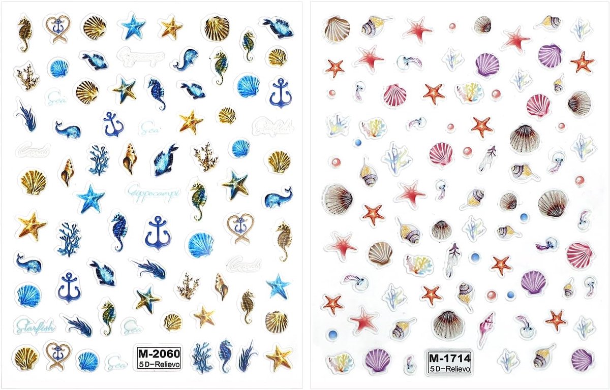 SnelShoppen - 2 Vellen 5D Nagelstickers met Geëmbosseerde Schelpen & Sterren, Oceaan Themed Nagel Charms Zelfklevend voor DIY Nageldesign Manicure Dec