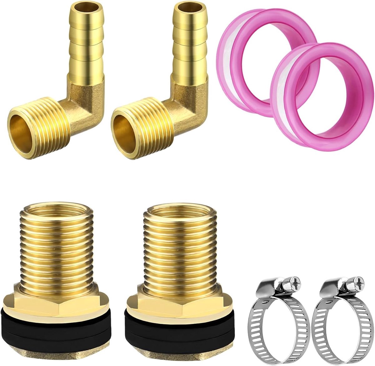 Tankvoeder voor regenwateropvang - 2 stuks, 1/2 inch AG, 3/8 inch vrouwelijke draad, messing verbinding met 304 slangklemmen, ideaal voor regentonnen, watertanks en cisternen