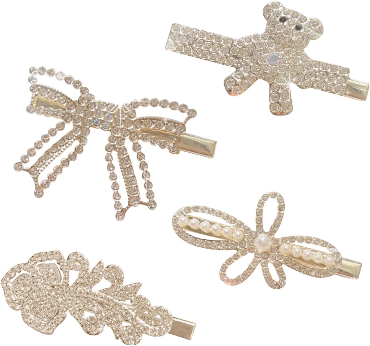 SnelShoppen - 4 Stuks Haarclips met Strass Steentjes - Bogen, Beren, Bloemen en Bladeren - Duurzame Haaraccessoires voor Vrouwen en Meisjes - Feest, V