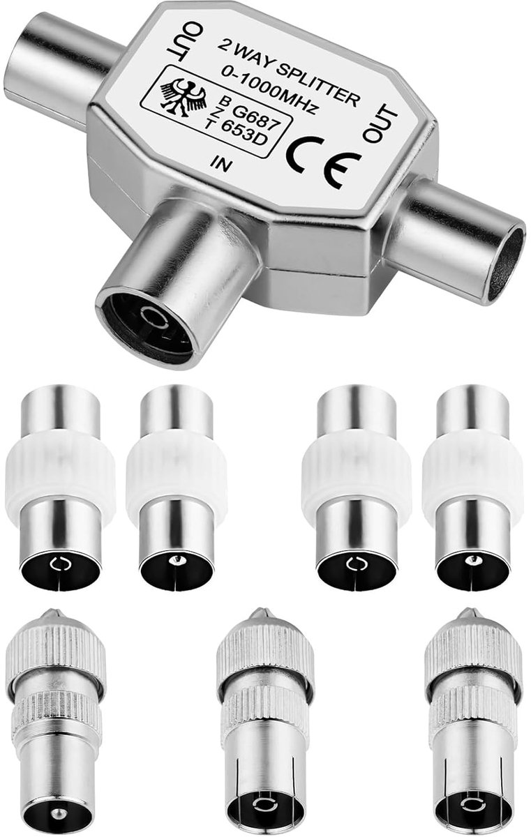 SnelShoppen - Digital Signaal Antenne Splitter 2-Weg 1 Vrouwelijk naar 2 Mannelijk TV Antenne Coax Splitter met 7 Stuks TV Antenne Adapter Connector,