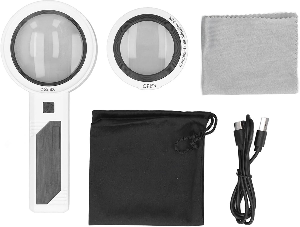 SnelShoppen - Handvergrootglas 8X 5X 20X met 26 LED's, 3 Verlichtingsmodi, Draagbaar Optisch Vergrootglas voor Lezen en Inspectie, Oplaadbare Batterij
