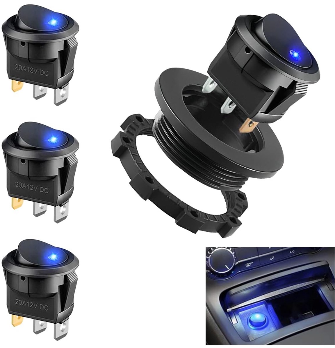 SnelShoppen - 4 Stuks LED Verlichte Ronde Schakelaar Drukknop Aan/Uit 12V, Waterdichte Ronde Toggle Schakelaar, Verlichte Rocker Schakelaar voor Auto