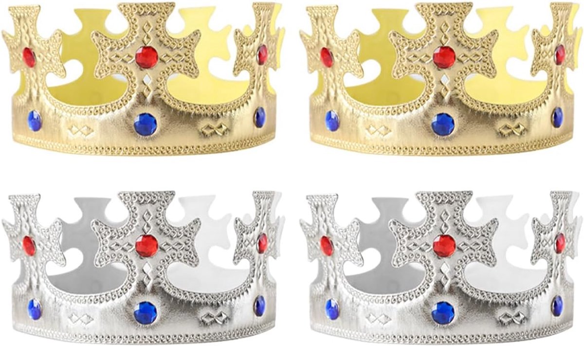 SnelShoppen - 4 Stuks Koningskronen Feestkronen Verjaardag Hoofddeksels Volwassen Kostuumaccessoires Luxe Met Edelstenen
