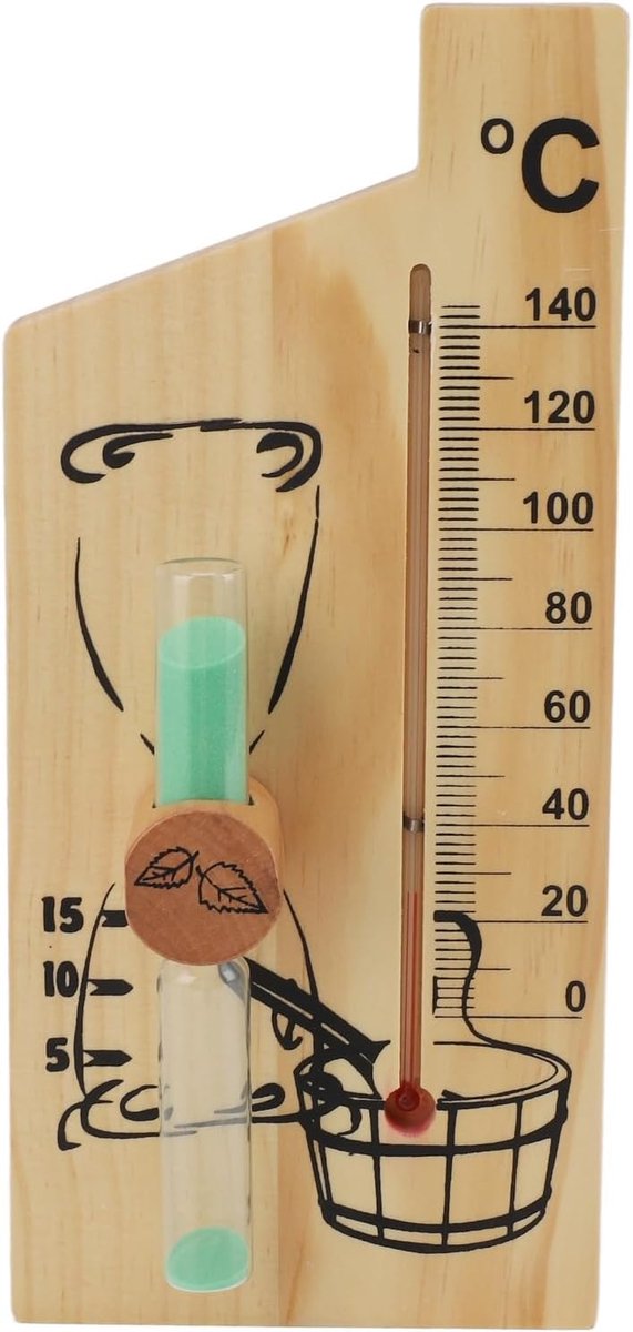 SnelShoppen - Sauna Thermometer Zand Timer 15 Minuten, 2 in 1 Wand Thermometer en Zand Timer, Tot 140°C Temperatuurmeter met Elegante Houten Lijst