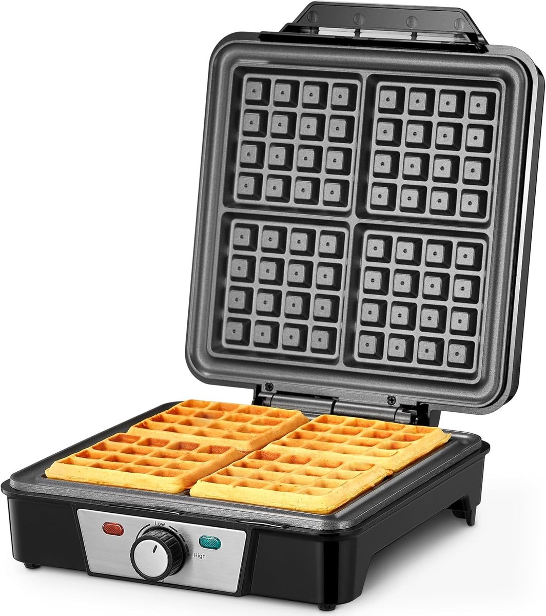 SnelShoppen - Belgische Wafelmaker 4 Sneden, 1200W Anti-Overloop Wafelijzer met Bruiningknop, Antiaanbaklaag, Indicatorlampjes, Zilver/Zwart