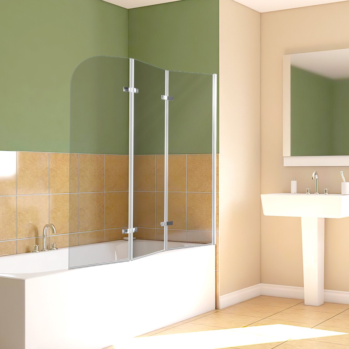 Peviasot Badwand 120x140 cm - 3-delig Inklapbaar - Transparant Glas - Zilverkleurig Profiel