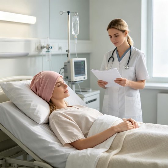 Een vrouw met een roze beanie ligt in een ziekenhuisbed, een verpleegster staat naast haar.