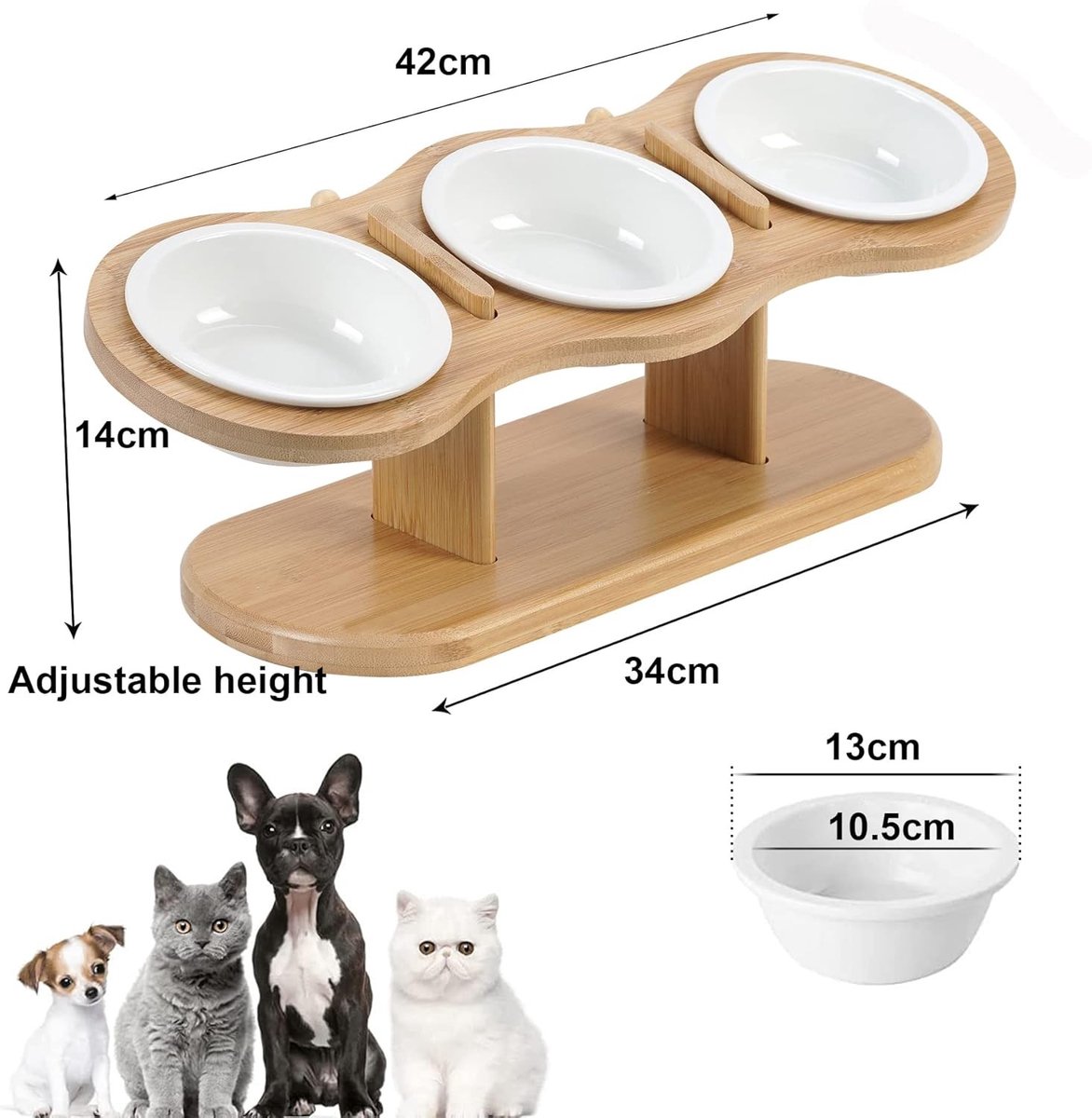 Verhoogd kattenvoerstation met 3 keramische kommen, ergonomisch ontwerp voor droogvoer, natvoer en water voor kleine katten