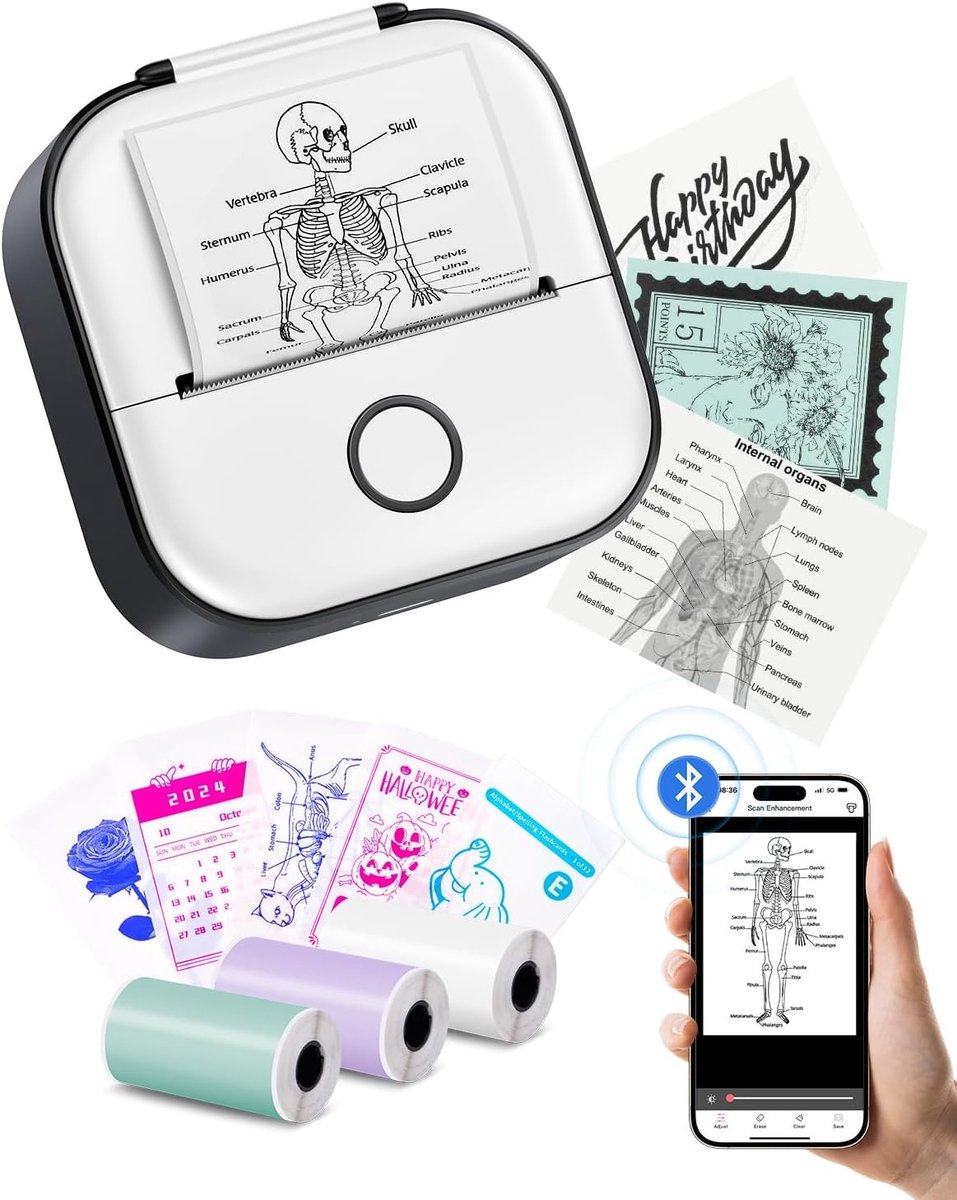 Mini Thermische Stickerprinter - Zwart - Draagbare Printer met 3 Rollen Papier - Voor Studie en Creatieve Projecten