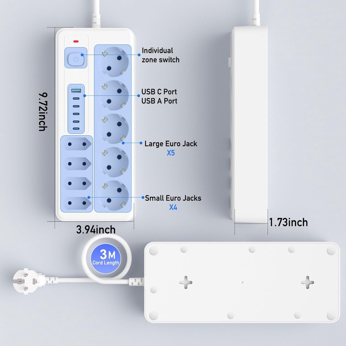 Stekkerdoos met USB-C en USB-A - Wit - 9-voudig - Met Schakelaar en Overspanningsbeveiliging - Voor Thuis en Kantoor