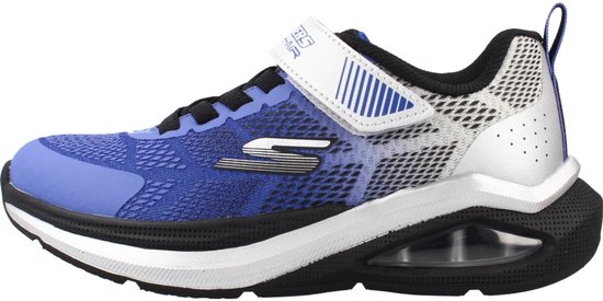 Blauwe Skechers sneaker met klittenbandsluiting, zwarte veters en luchtzool.