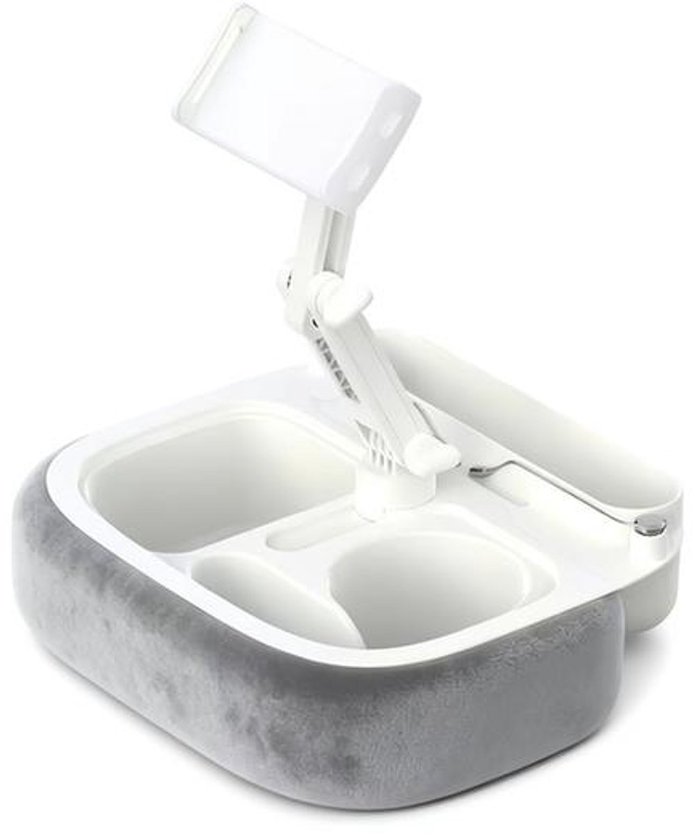 Verstelbare Tabletkussenstandaard voor Bed en Schoot, 360° Draaibare iPad Houder met Afneembaar Snackblad, Handsfree Standaard voor 13,72-22,35 cm Apparaten-Grijs.