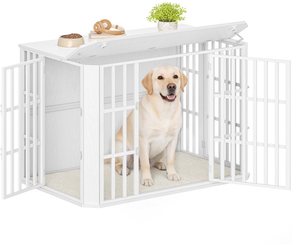 Hzuaneri Hondenbench Meubels, Hondenbox Meubels, Ontwerp met Meerdere Deuren, Wit | Houten Binnenhondenbox met Voerdeur aan de Bovenkant, Grote Hondenbench Bijzettafel, 120 x 75 x 81 cm