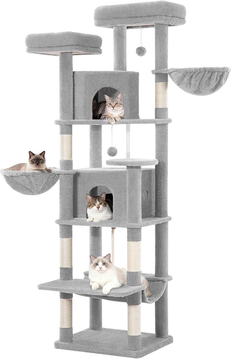 Hzuaneri Krabpaal voor Grote Katten, 175 cm Klimtoren met Meerdere Verdiepingen, Krabpalen, 2 Comfortabele Huisjes, 2 Zitstokken, 2 Manden, Hangmat, voor Binnengebruik, Lichtgrijs