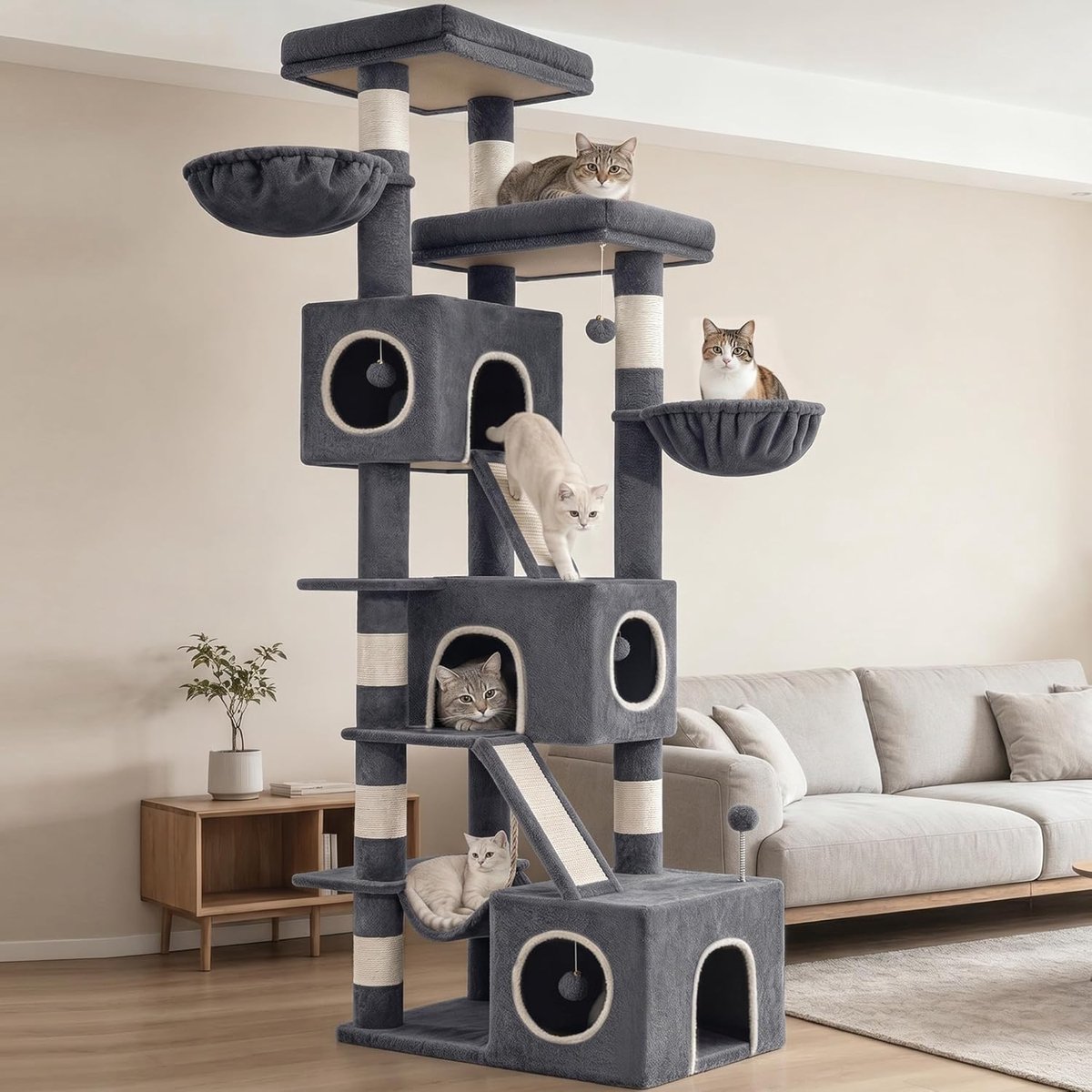 Hzuaneri Grote Krabpaal, 209 cm hoog, XXL, met 7 krabpalen, 3 holen, 2 platforms, 2 krabplanken, kattenmand, hangmat, pluche bal, krabpaal met meerdere verdiepingen, Donkergrijs,70 x 48 x 211 cm