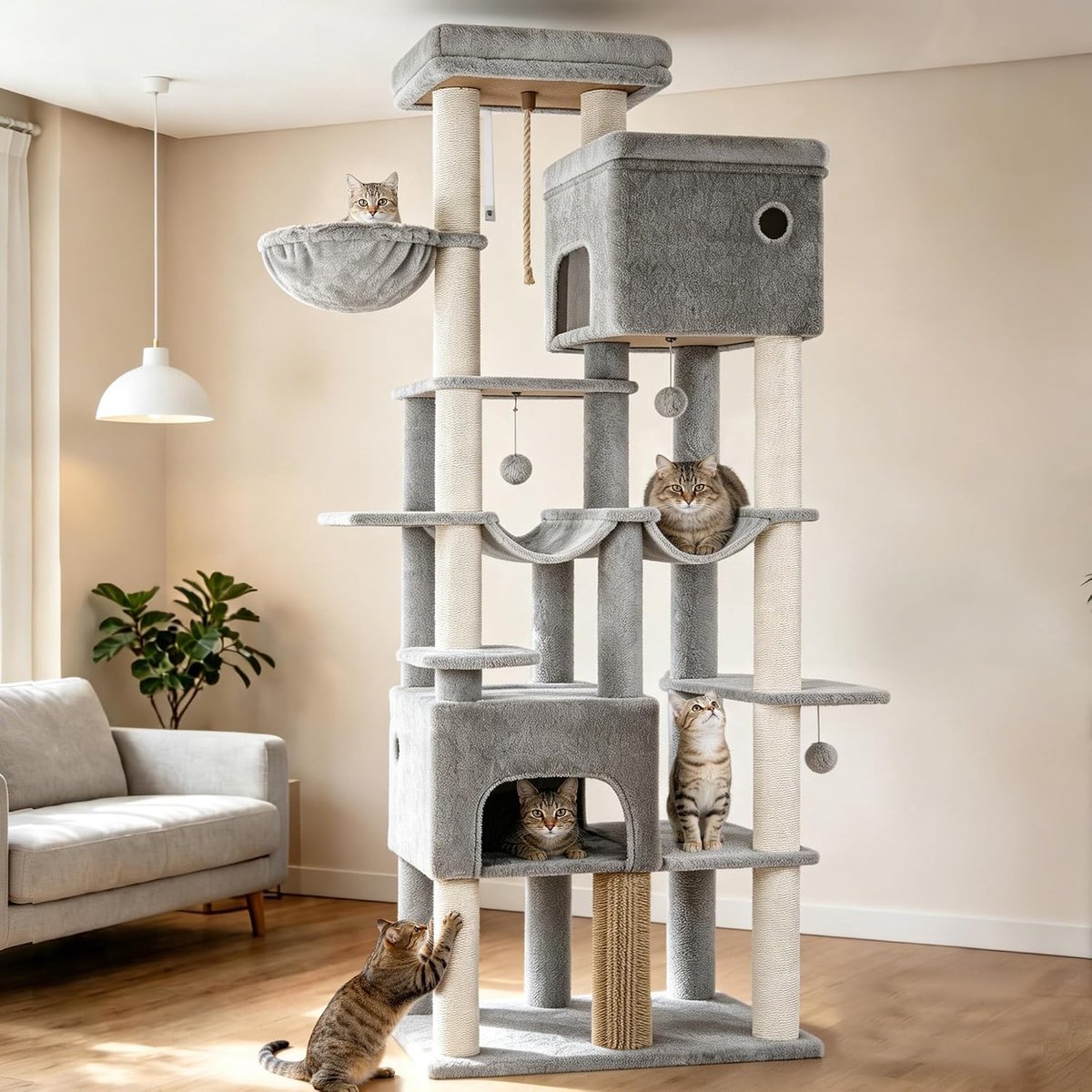 Hzuaneri 200cm Grote Kattenboom, XXL Krabpalen met 2 Condooms en 10 Sisal, Zware Kattentoren Voor Maine Coon, Inclusief 2 Hangmatten, Lichtgrijs