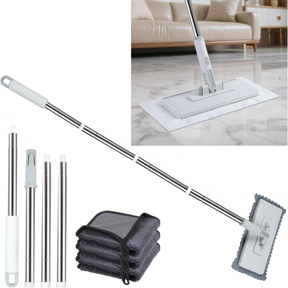 Stofmop met Trekker - Raamwisser Set - Streeploos Reinigen - 360 Graden Draaibaar - 123 cm Uittrekbaar - Wit