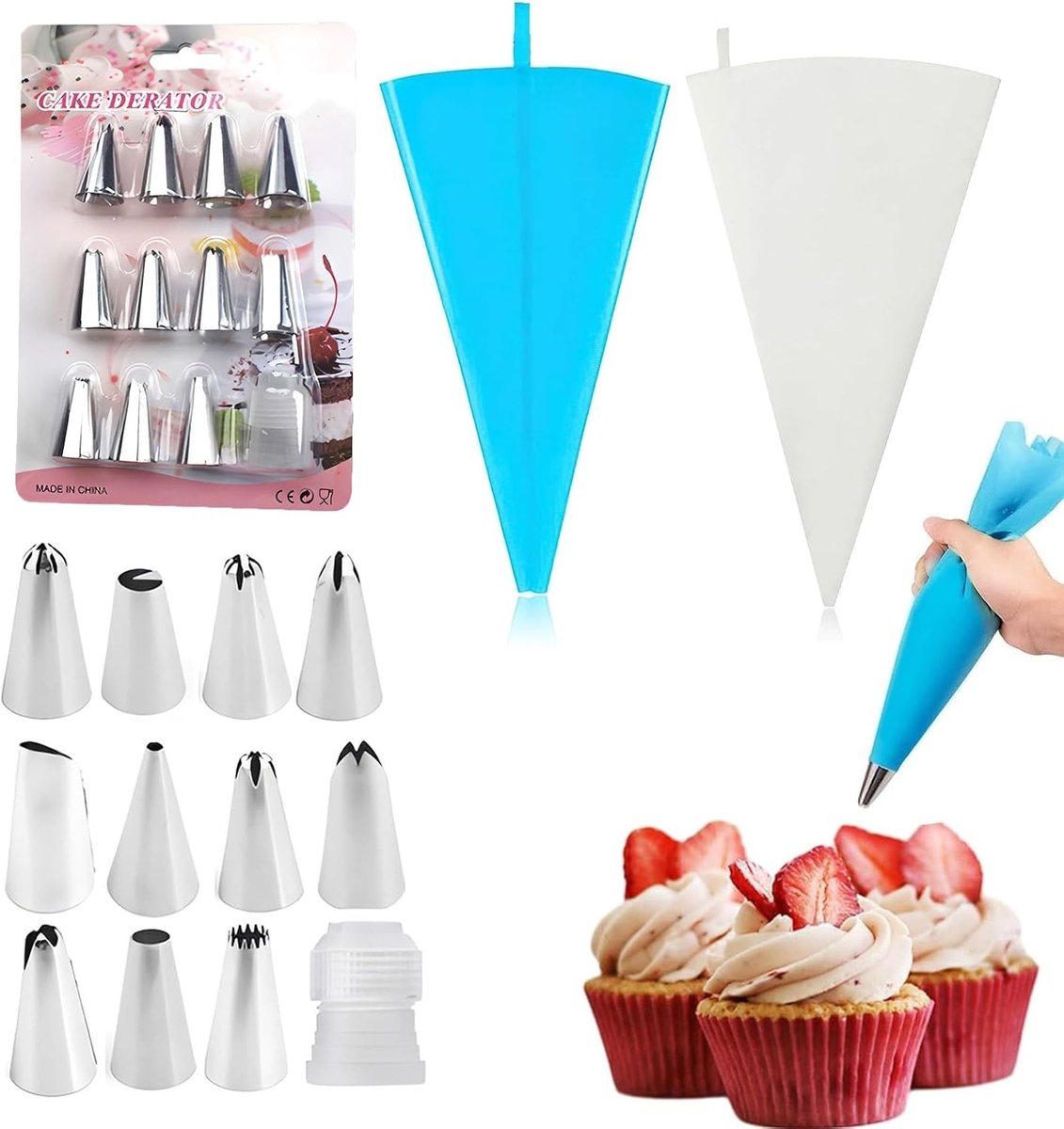 Professionele roestvrijstalen spuitmonden met 2 herbruikbare spuitzakken voor taarten, cupcakes en koekjesdecoratie - 14 stuks, 35 cm, blauw en wit
