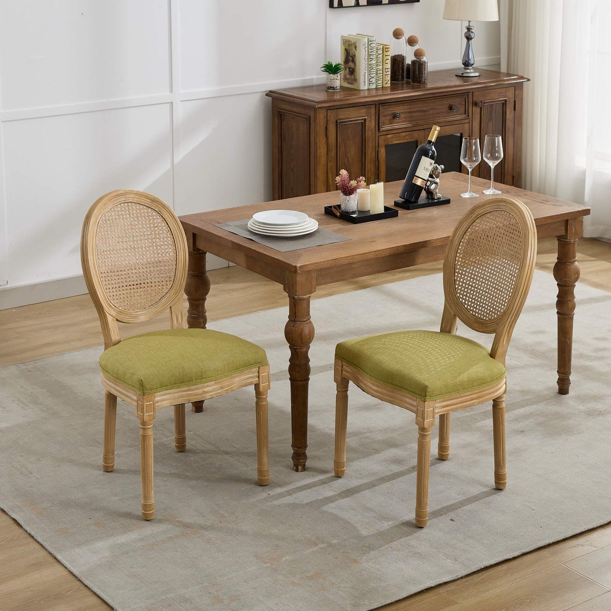 Sweiko Eetkamerstoel – Set van 2 – Houten frame – Linnen zitkussens – Rieten rugleuning – Groen