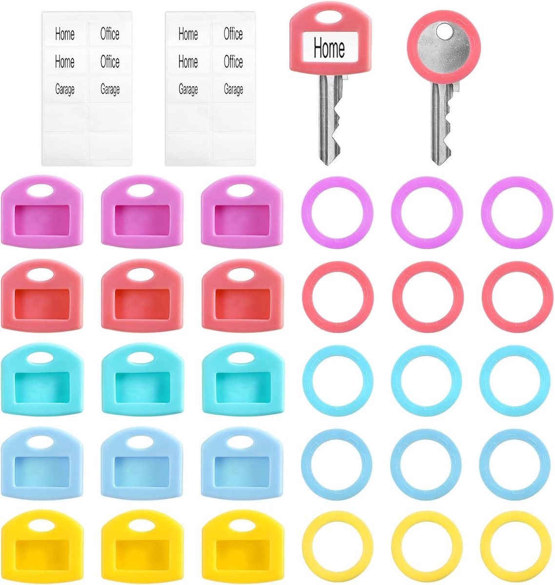 30 Stuks Silicone Sleutelhuls Caps, Kleurrijke Sleutelhoesjes Beschermers, Zachte Stretch Sleutelidentificatie Covers met Schrijfbare Labels voor Thuisorganisatie en Identificatie