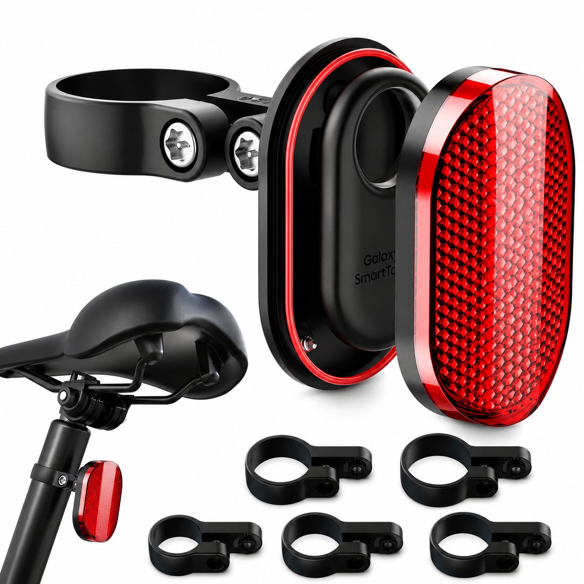 Samsung SmartTag2 Fietshouder met Reflector – Verborgen GPS Tracker Houder – Waterdicht – Diefstalbeveiliging – Inclusief 5 Zadelpenadapters – Zwart